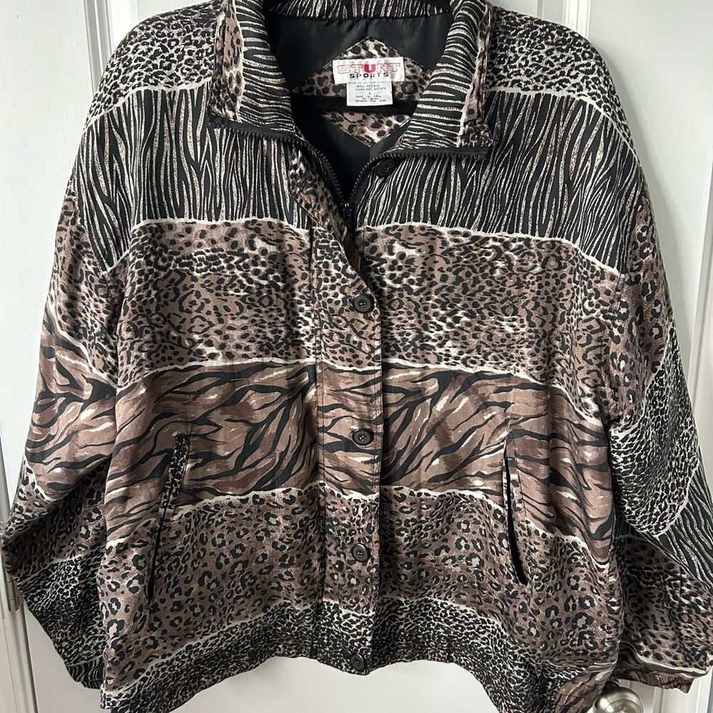 Vintage Silk Bomber Jacket 90’s Leopard Print Stunt Sports Women’s Large
